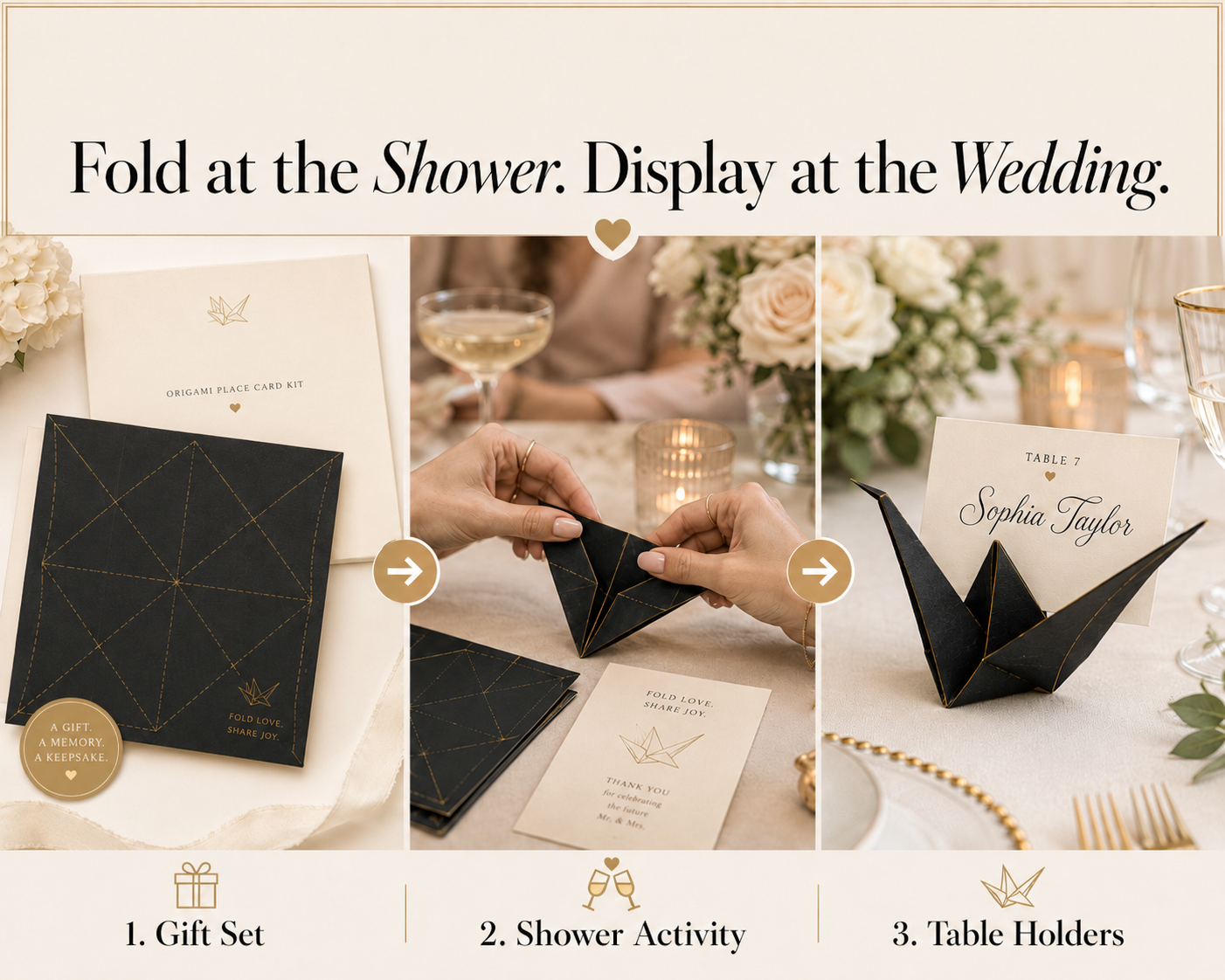 Fold at the Shower, Display at the Wedding — gift set, shower activity, and table place card holders