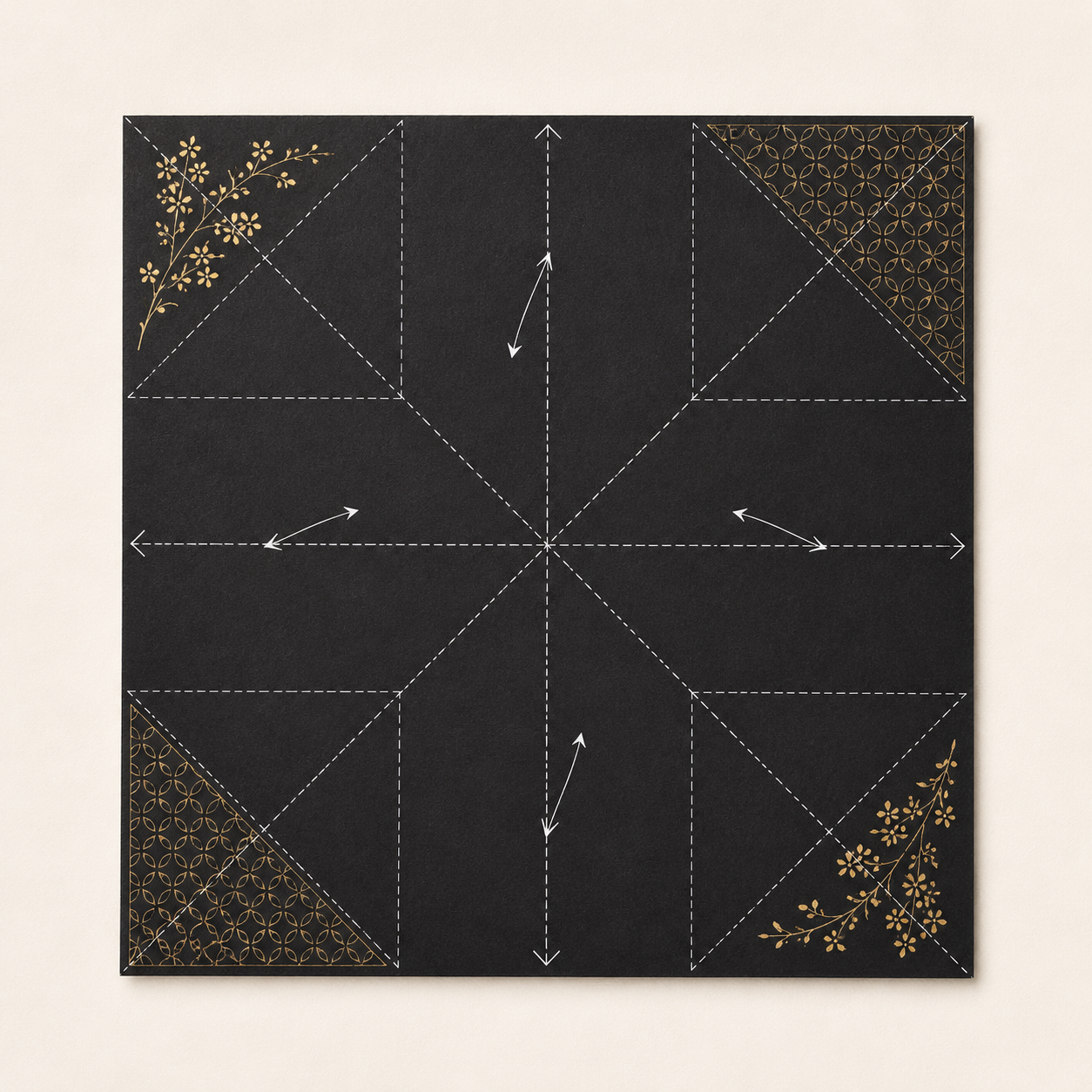 Flat printed origami crane sheet with gold fold guides